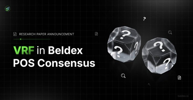 A promotional graphic for a "Research Paper Announcement" on "VRF in Beldex POS Consensus," featuring two transparent question-mark dice against a dark grid background, visually symbolizing the randomness and unpredictability that Verifiable Random Function (VRF) brings to Beldex's Proof-of-Stake consensus mechanism.