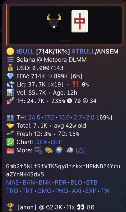 A dark-mode screen with blockchain analytics for a Solana token '$TBULL', showing contract addresses, market data, FDV of 714K, and various pool statistics.