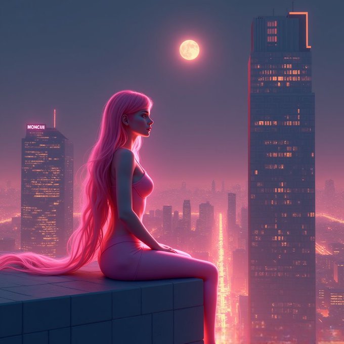 A digital illustration of a woman with long pink hair wearing a pink outfit, sitting on a rooftop ledge overlooking a neon-lit cityscape at night with a full moon in the sky; the word 'MONCIE' is visible on a building.