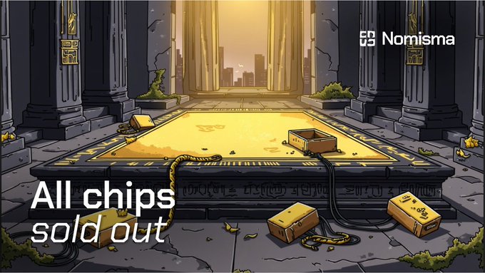 An illustrated promotional banner for 'Nomisma' featuring gold bars, cables, and a cityscape, with the text 'All chips sold out'.