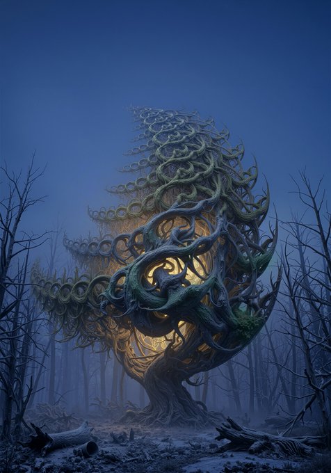 A twisted, luminescent tree with tentacle-like branches glows warmly against a dark blue twilight forest, fitting the post's "The Last Inhabitant" title as a hauntingly surreal, solitary figure in a barren landscape. The artwork's edition number "10/7" is not visible in the image, but the eerie scene captures the lonely, otherworldly essence celebrated in the collector's announcement.
