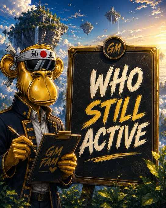 A golden monkey character wearing a Japanese headband and sunglasses writes on a clipboard labeled "GM FAM," standing beside a large black sign reading "GM WHO STILL ACTIVE" against a fantasy landscape of floating islands.