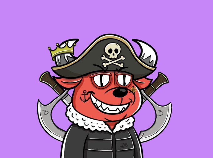 A cartoon illustration of a red devil dog character wearing a black pirate hat with skull and crossbones, a gold crown, and a fur-collared coat, holding two crossed cutlasses on a purple background.