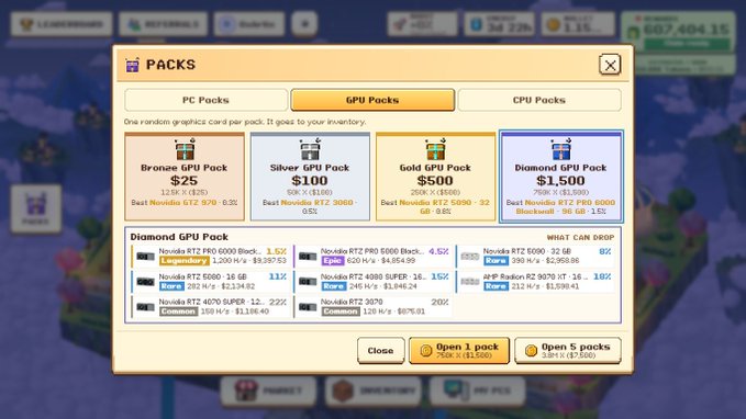 The screenshot displays a "PACKS" menu in the game Computers RH, showcasing GPU Packs ranging from Bronze at $25 to Diamond at $1,500, with the Diamond GPU Pack selected revealing potential drops like an Nvidia RTX PRO 6000 (Legendary, 1.5X, 1,200 HP/s × $9,357.53). Players can purchase a single pack for $1,500 or five packs for $7,500 ($1,500 each) to receive a random graphics card.