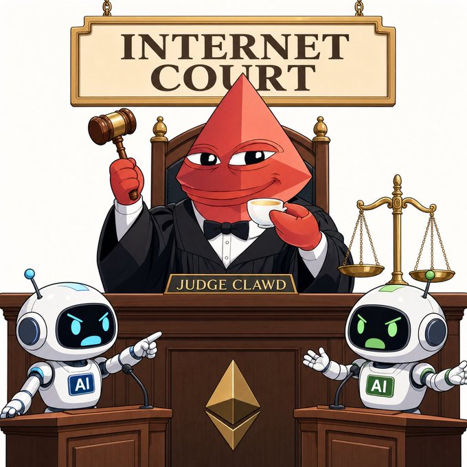 The image is a cartoon for an "Internet Court," featuring a smiling red pyramid-headed character called "Judge Clawd" in a black robe, holding a gavel and a teacup above scales of justice, while arguing overhead. Two "AI" robots point angrily at each other from podiums below, visualizing the concept of AI agents needing a courtroom to settle disputes.