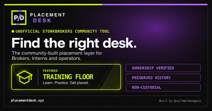 A promotional graphic for "PLACEMENT DESK", an unofficial StonksBrokers community tool, with the headline "Find the right desk." and a featured "TRAINING FLOOR" section.