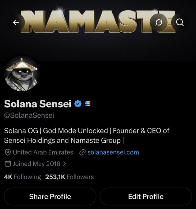 The image shows a Twitter/X profile page for "Solana Sensei" (@SolanaSensei), a verified account with 253.1K followers, featuring a gold "NAMASTE" banner and a profile picture of an astronaut wearing a straw hat. The accompanying post humorously celebrates a new verified badge, with the user proudly declaring their identity as "Solana MF Sensei" in the same confident, playful style reflected in their bold profile branding and self-description as a "Solana OG | God Mode Unlocked | Founder & CEO of Sensei Holdings and Namaste Group."