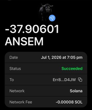 The image shows a successful transaction receipt displaying a transfer of -37.90601 $ANSEM tokens sent to address "Err8...D4JW" on the Solana network, completed on July 1, 2026, with a network fee of 0.000008 SOL. The accompanying post by a user with a black bull avatar appears to be promoting an $ANSEM token airdrop, where this transaction screenshot serves as proof that they have already sent tokens to another user.