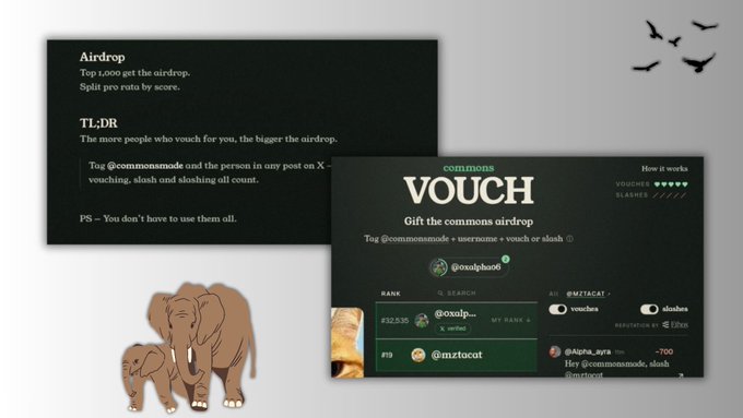 A description of the 'commons VOUCH' system explaining airdrops and TL;DR rules, featuring a cartoon illustration of an elephant with its calf and example user rankings.