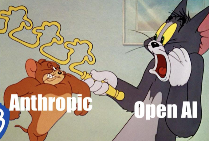 A popular meme featuring Tom and Jerry, where Tom is yelling while holding Jerry by the nose; 'Anthropic' is labeled on Jerry and 'Open AI' is labeled on Tom.
