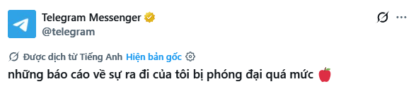 A screenshot of a Telegram Messenger (@telegram) post showing Vietnamese text that translates to 'reports about my departures have been greatly exaggerated' followed by a red chili pepper emoji.