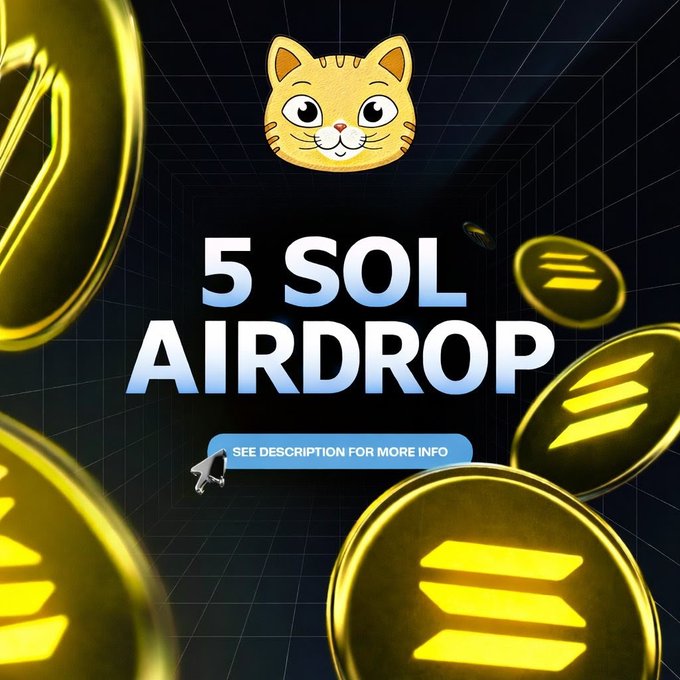 Promotional graphic featuring a yellow cat mascot and floating Solana coins, announcing a "5 SOL AIRDROP" giveaway for Monacoin, with a "SEE DESCRIPTION FOR MORE INFO" button and instructions to comment a Solana address, follow @Monasolanatoken, and join 15 random winners in celebration of the token's upcoming launch.
