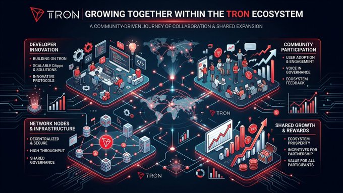 The image is an infographic titled "GROWING TOGETHER WITHIN THE TRON ECOSYSTEM: A COMMUNITY-DRIVEN JOURNEY OF COLLABORATION & SHARED EXPANSION," featuring four pillars—Developer Innovation, Community Participation, Network Nodes & Infrastructure, and Shared Growth & Rewards—each illustrated with isometric graphics connected by circuit-like patterns and a central world map. It visually reinforces the post's message by depicting how TRON's collaborative ecosystem unites developers, users, and communities to drive mutual growth and long-term development.
