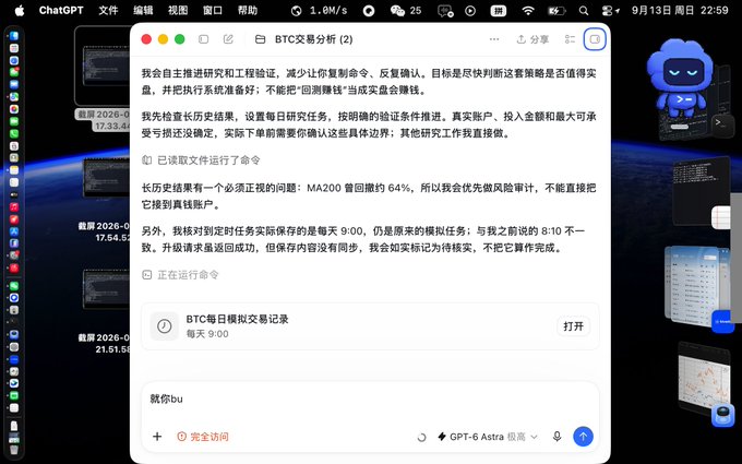 A ChatGPT interface in Chinese displays a conversation about BTC (Bitcoin) transaction analysis, discussing historical results, MA200 drawdowns, and task scheduling.