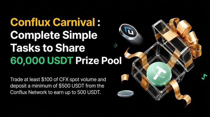 The image features an advertisement for a contest that rewards users with 60,000 USDT points by trading CFX tokens for a gold-colored gift box containing a green coin. The text on the image indicates that this contest is open to everyone and encourages participants to share their reward pool information with usdtree.com.