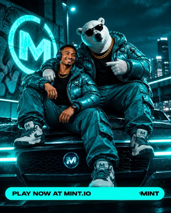 An advertisement featuring a man and a person in a polar bear costume wearing matching shiny blue outfits, sitting on a vehicle hood with 'PLAY NOW AT MINT.IO' displayed at the bottom.