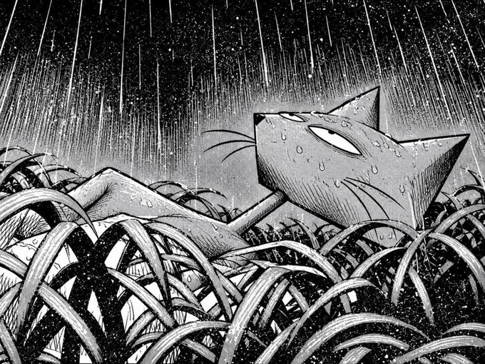 A black and white manga-style illustration of a cat hiding in tall grass under heavy rain.