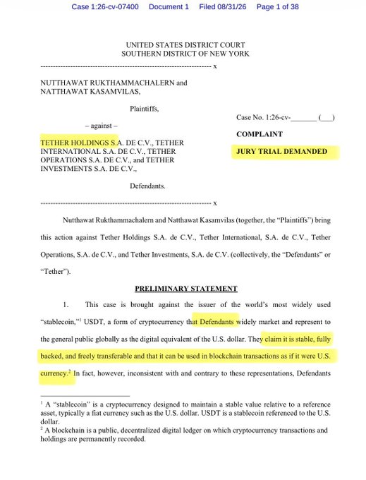 A page from a U.S. District Court for the Southern District of New York complaint (Case 1:26-cv-07400) filed by Nutthawat Rukthammachalern and Nutthawat Kasamvilas against Tether Holdings, Tether International, Tether Operations, and Tether Investments, demanding a jury trial over alleged misrepresentations that USDT is a stable, fully-backed, freely transferable digital dollar equivalent to U.S. currency.