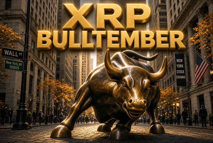 A digital illustration featuring a golden bull statue on Wall Street with bold text reading 'XRP BULLTEMBER,' suggesting a bullish outlook for the XRP cryptocurrency.