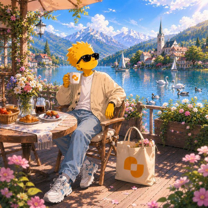 An illustrated scene features a yellow-skinned character with blonde hair and sunglasses sitting at a wooden lakeside café table, sipping coffee from a cup bearing an orange logo, with a matching canvas tote bag beside them. Snow-capped mountains, a castle, sailboats, and swans fill the picturesque background.