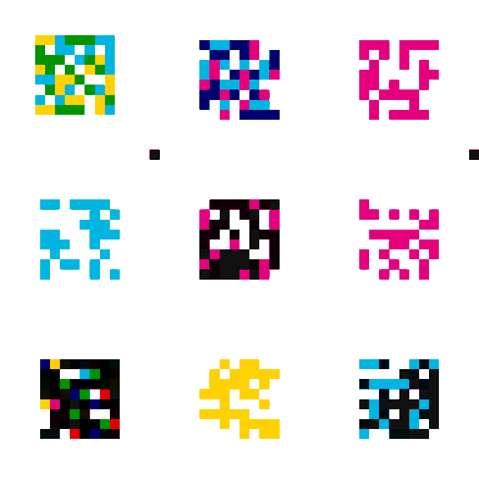 Nine colorful pixel-art icons arranged in a 3x3 grid on a white background, each featuring abstract geometric patterns in various color combinations including yellow/green, blue/pink, and black/magenta.