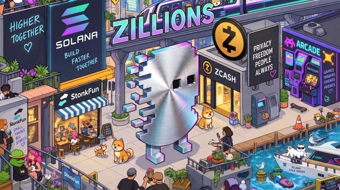 A vibrant cartoon illustration titled 'ZILLIONS' depicting a crypto-themed city block with billboards for Solana, Zcash, and StonkFun, alongside an arcade labeled 'PRIVACY FREEDOM PEOPLE ALWAYS' and Shiba Inu dogs.