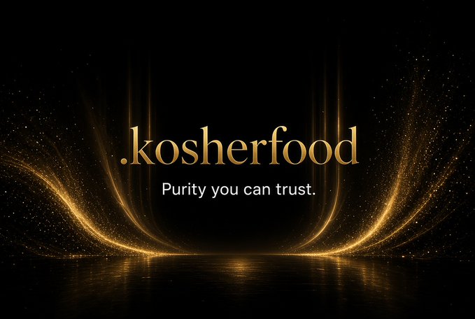 A black background with swirling golden light effects displaying the text '.kosherfood' in gold and 'Purity you can trust.' in white.