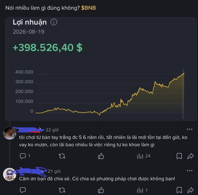 Vietnamese social media post showing a profit of +398,526.40$ in $BNB on a line chart, with comments discussing the achievement and asking for trading strategies.