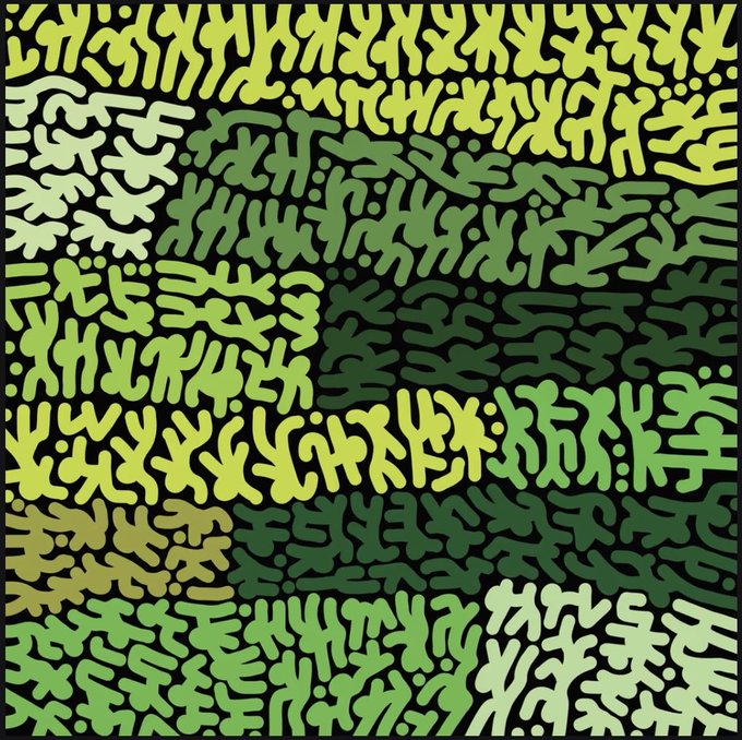 An abstract graphic design features repeating curved, organic shapes in various shades of green and yellow set against a black background.