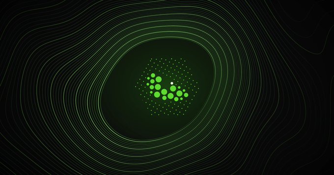 An abstract dark green graphic with thin wavy contour lines surrounding a central cluster of bright green dots.