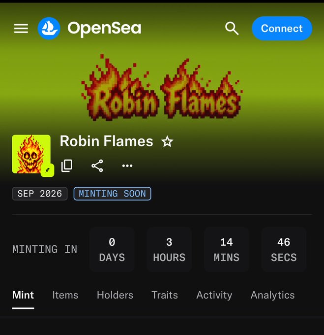 The image shows an OpenSea collection page for "Robin Flames," a project scheduled to begin minting in 0 days, 3 hours, 14 minutes, and 46 seconds, with a "Minting Soon" label and a September 2026 timeframe, supporting the post's mention of looking forward to the project's launch at an affordable price.