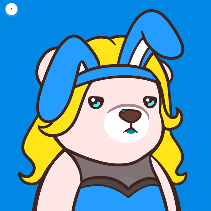 A cartoon illustration of a pink bear-like character with yellow hair, blue bunny ears, and a sad expression against a blue background.
