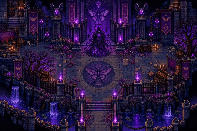 A dark, gothic pixel-art scene of a purple-lit courtyard featuring a central figure shrouded in shadow at an altar, surrounded by butterfly motifs, purple flames, bare trees, and stone fountains.