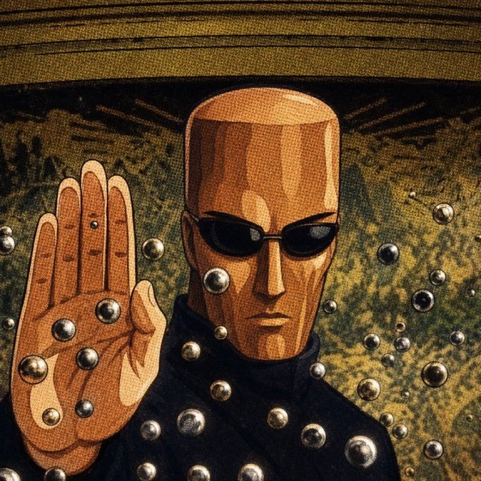 A stylized illustration of a wooden dummy figure wearing sunglasses and a black outfit, surrounded by floating metallic spheres, fitting a "gm" (good morning) post with its calm, composed morning vibe.