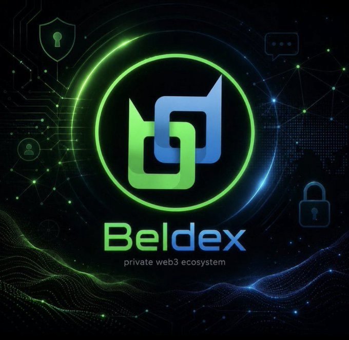 A digital graphic displays the 'Beldex' logo with the tagline 'private web3 ecosystem' against a dark background with circuit patterns and security icons.