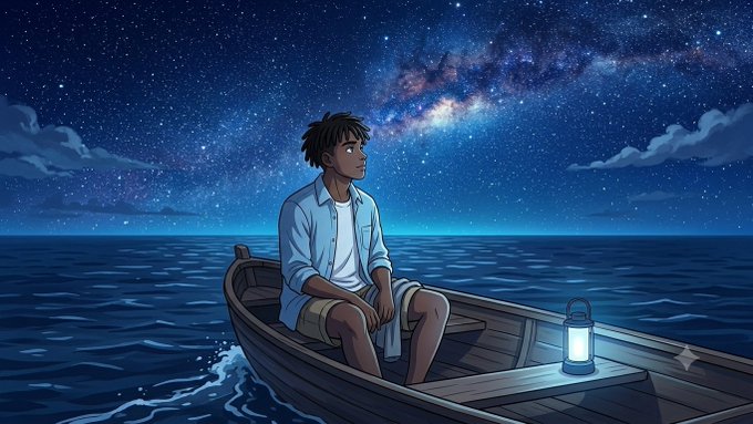 An anime-style illustration of a young man sitting in a wooden boat on the ocean at night, gazing up at a starry sky featuring the Milky Way, with a lantern illuminating the boat.
