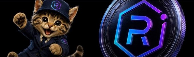 A banner featuring an animated-style kitten wearing a blue uniform and cap on the left, alongside a glowing purple and blue hexagonal 'Ri' crypto coin on the right.