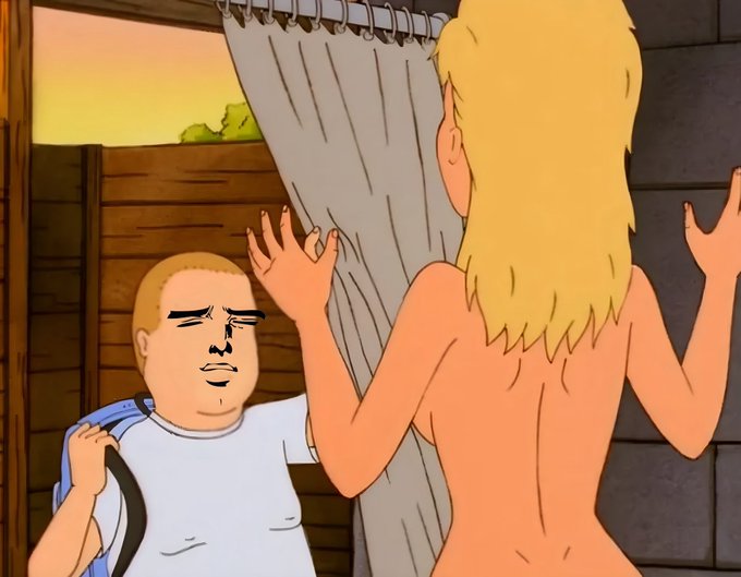 A cartoon meme featuring King of the Hill character Bobby Hill with a judgmental expression looking at a blonde woman seen from behind.