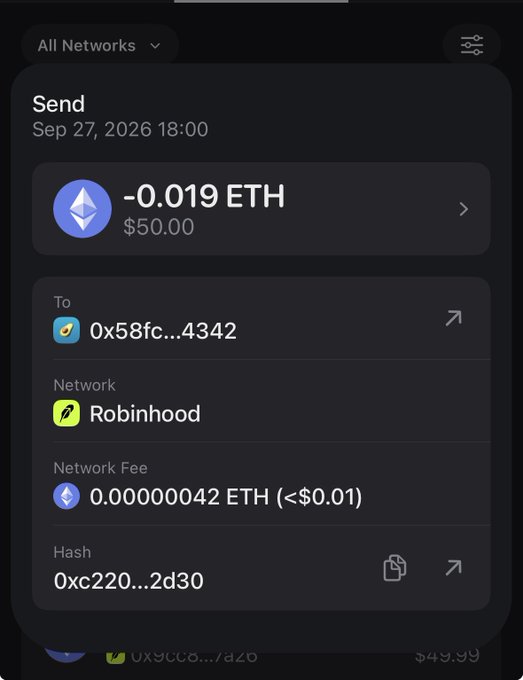 The image shows a crypto transaction receipt for sending -0.019 ETH ($50.00) to address 0x58fc...4342 via the Robinhood network, with a minimal fee of 0.00000042 ETH (<$0.01) on Sep 27, 2026. This relates to the guide as it likely serves as proof of a $GARRI token purchase or tip, demonstrating a completed transaction that readers can reference while learning how to buy $GARRI.