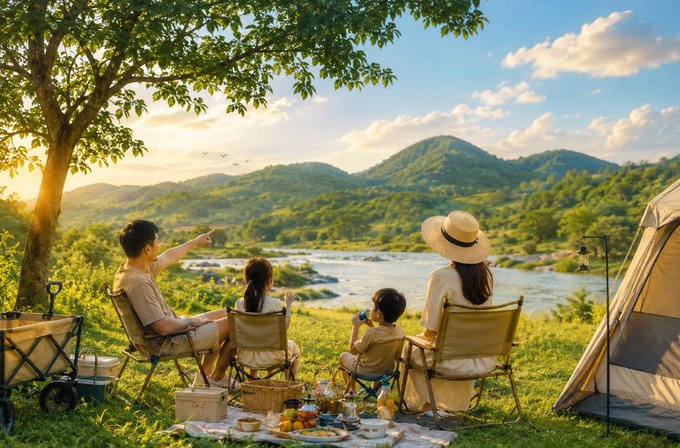 A family enjoys a picnic by a river at sunset, with a father pointing into the distance while sitting in camping chairs next to a tent.