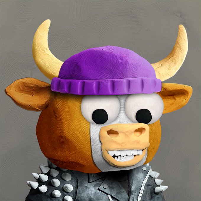 A cartoonish bull character with a purple beanie, horns, and a spiked leather jacket grins at the viewer, symbolizing bullish crypto enthusiasm as the post taunts buyers for missing the $20 entry and being forced to pay 1 ETH for "Clay StonKz."