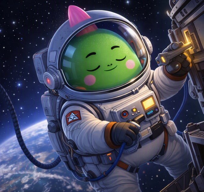 A chubby green Dino Gotchi with closed, content eyes floats peacefully in a white astronaut suit and helmet, holding a tether near a space station panel with Earth and stars in the background—capturing the nurturing, companion-like bond the post describes as a simple JPEG transforming into a daily presence.