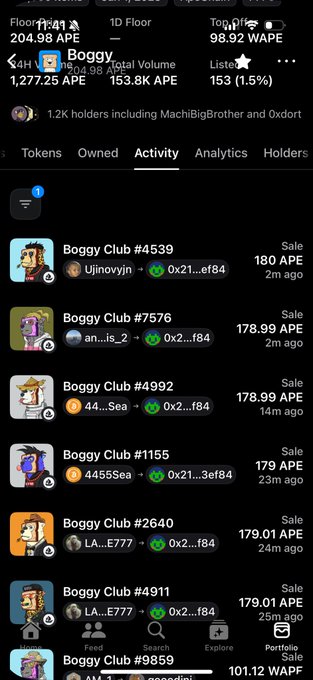 Mobile screenshot of the 'Boggy' token on a trading app showing a price of 204.98 APE, 1.2K holders including MachiBigBrother and Oxdort, and a list of recent 'Boggy Club' NFT sales.