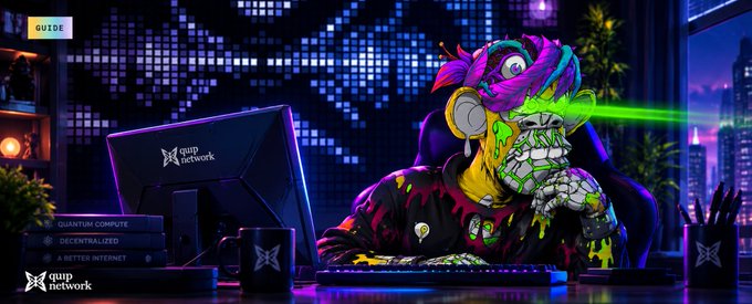 A vivid, neon-colored cyberpunk illustration shows a cyborg character with a robotic hand holding a glowing green lollipop while sitting at a computer setup labeled 'QUIP NETWORK' with 'Quantum Compute' books nearby.