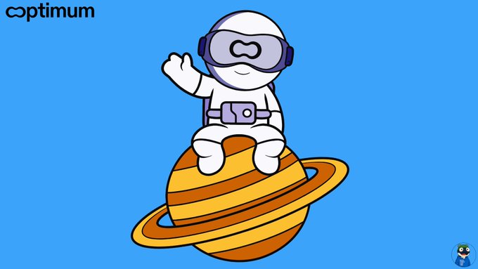 An Optimum-branded cartoon graphic showing an astronaut waving while sitting on a ringed planet resembling Saturn against a blue background.