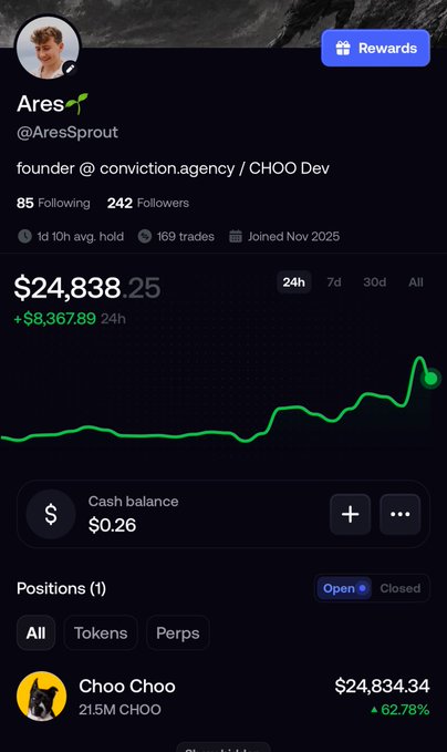 Screenshot of a crypto trading profile for Ares (@AresSprout), showing a $24,838.25 portfolio value, up $8,367.89 in 24 hours, and an open Choo Choo (CHOO) position worth $24,834.34. The post asks followers to follow him on “fomo” and drop their accounts, promising to “bless” people with $CHOO, tying into the displayed CHOO holdings.
