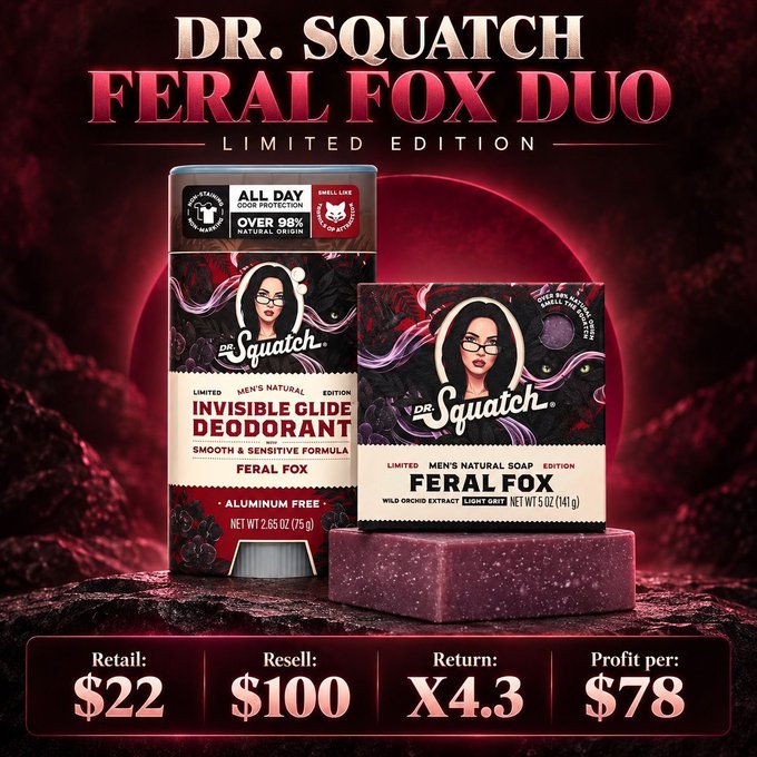 An advertisement for 'Dr. Squatch Feral Fox Duo Limited Edition' showing Invisible Glide Deodorant and Feral Fox soap, with pricing details: Retail $22, Resell $100, Return X4.3, Profit per: $78.
