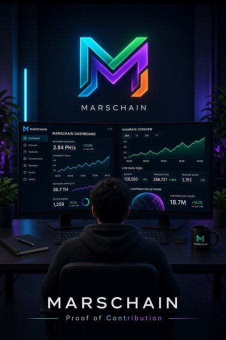 A person views a 'MARSCHAIN DASHBOARD' with a 'Proof of Contribution' tagline, displaying network metrics including 2.84 PH/s, 36.7 TH, and 18.7M contribution power.