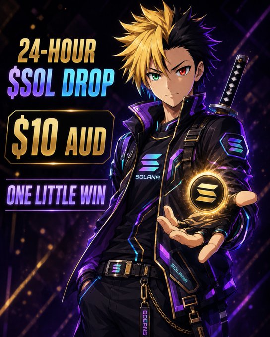 A promo image for a 24-hour $SOL drop featuring an anime-style swordsman with spiky blonde and black hair, wearing a black jacket with purple/teal accents and a Solana logo, holding a glowing Solana coin. The text overlays read "24-HOUR $SOL DROP," "$10 AUD," and "ONE LITTLE WIN," matching the post's giveaway announcement inviting people to share an unnoticed weekly win for a chance to win 10 AUD in Solana.
