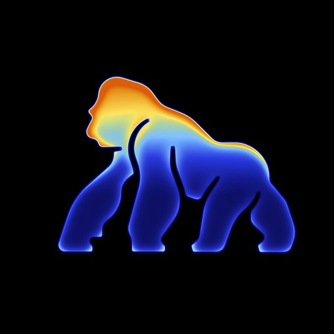 A neon-style illustration of a gorilla silhouette filled with a gradient of blue, cyan, and orange against a black background.